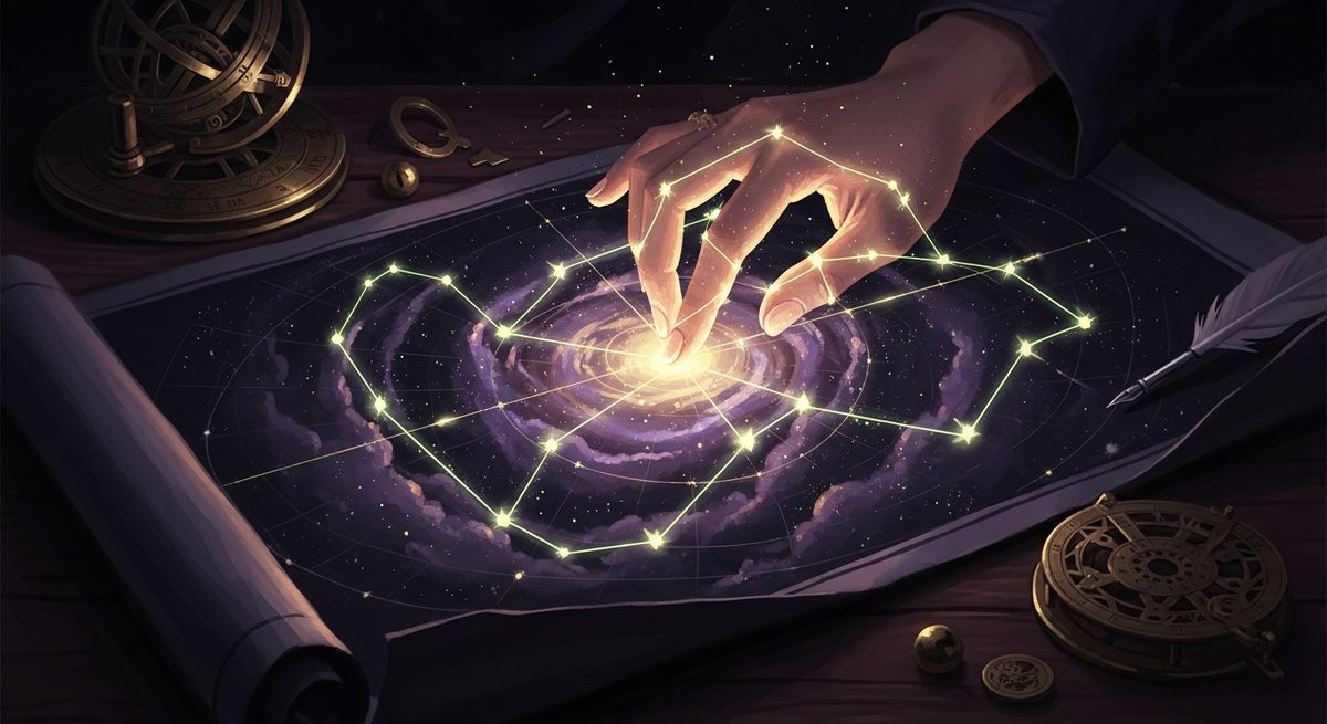 A birth chart wheel with the house lines faded out