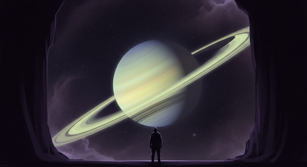 Saturn vast above two small figures