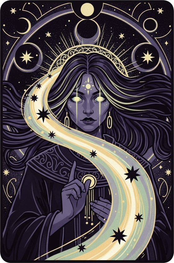 Tarot-style illustration of Ara, a bright-eyed mystic trailing comet light