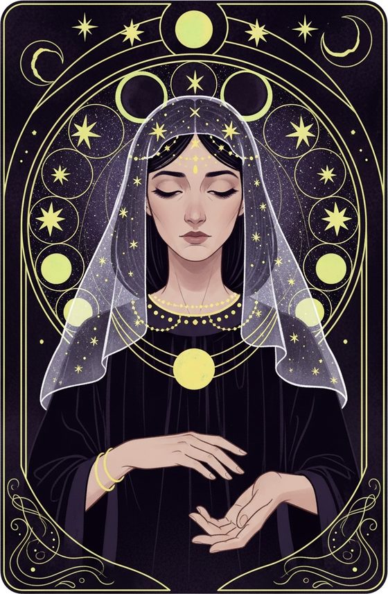 Tarot-style illustration of Eve, a serene veiled mystic beneath moon phases
