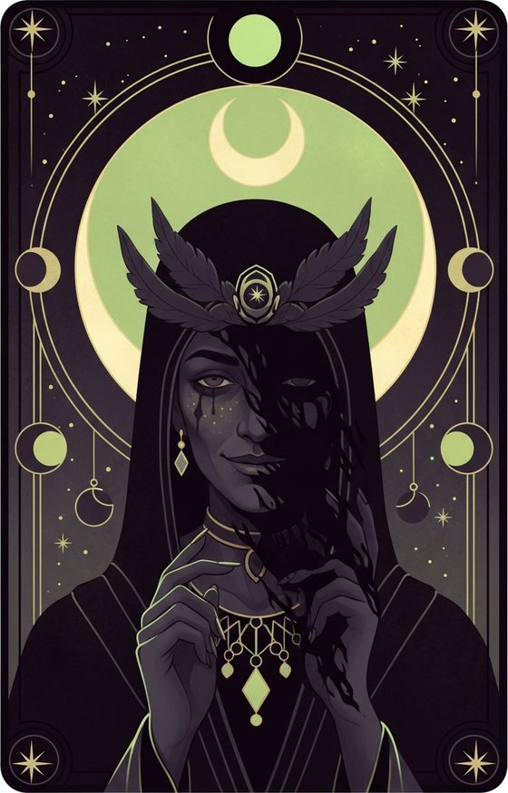 Tarot-style illustration of Sal, a shadowed mystic with a crescent moon