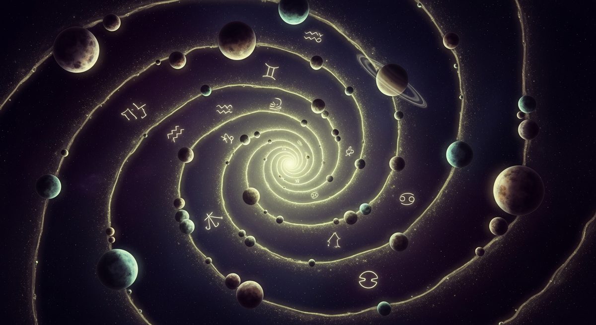 A spiral zodiac wheel of planets tracing glowing orbits through deep space